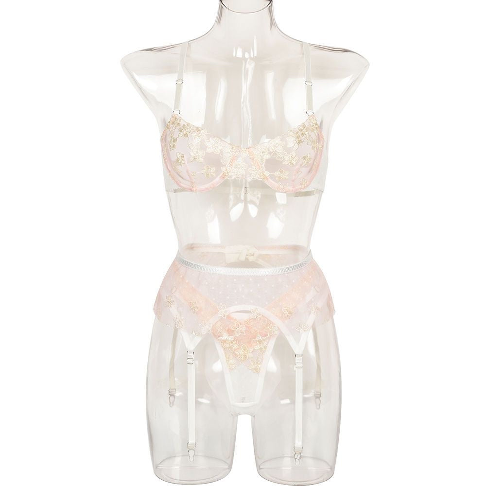 Women Floral lingerie Underwear Set Transparent Pink Panty Set