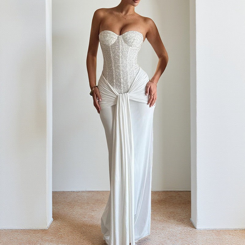 Women's Dress Fashion Backless Solid Slim Long Elegant Evening Dress Summer Ribbon Sequin Nightclub Sexy Cocktail Party Dresses