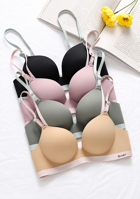Women’s Seamless Wireless Bra and Panty Set Smooth Molded Cup Adjustable Straps Wide Contrast Underband Matching Mid Rise Brief Lingerie Set