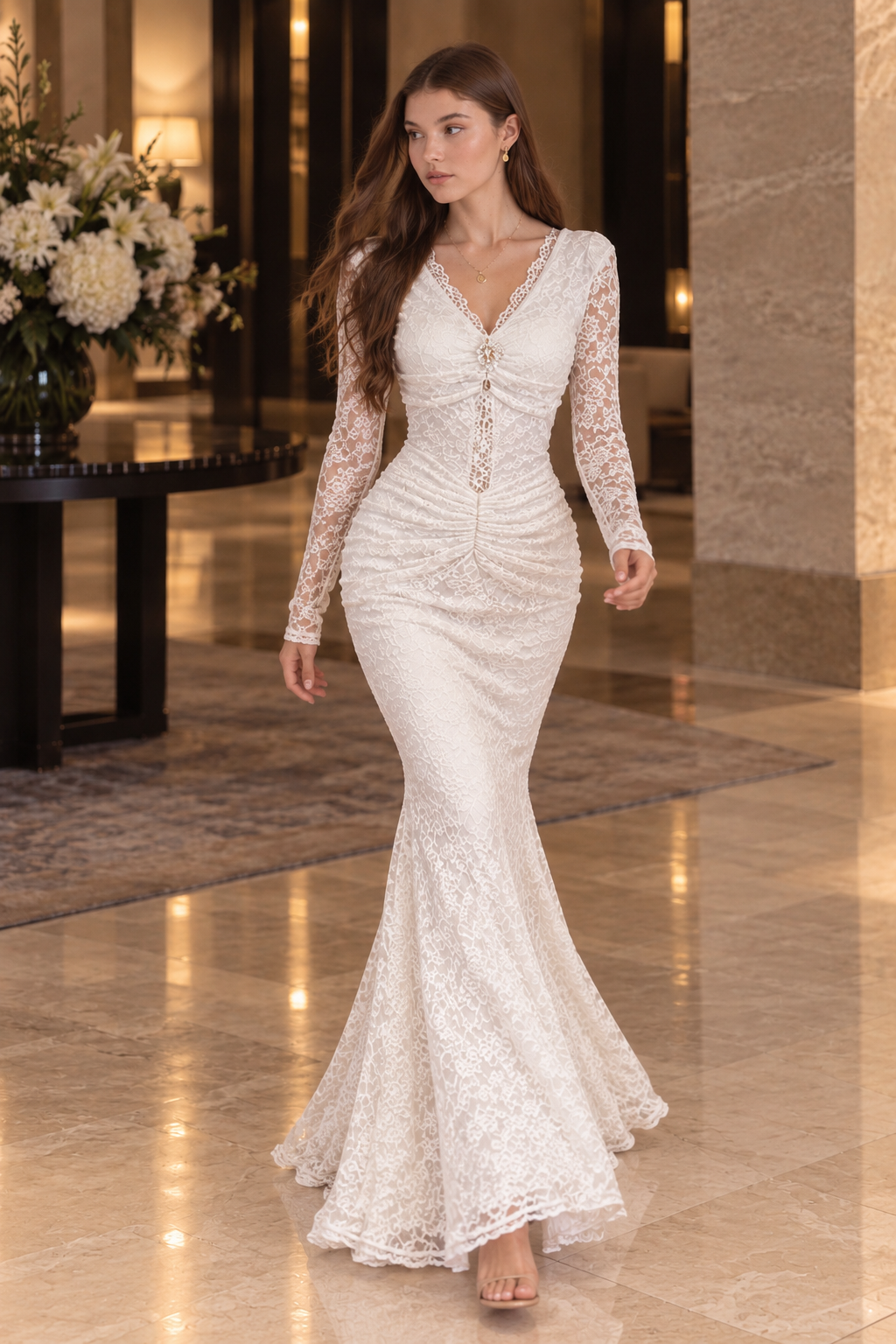 Elegant Women's Lace  Dress High Quality Long Sleeve V Neck Ruched Slim Fit Exquisite Cut-out Design Casual Dresses