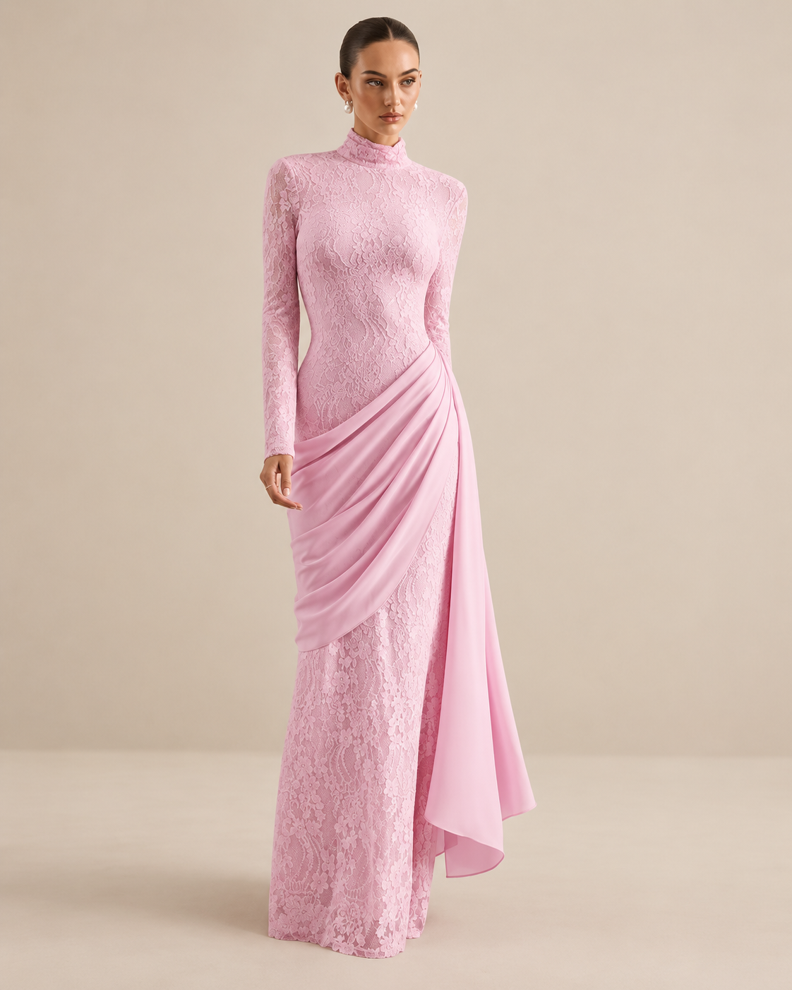 High Neck Long Sleeve Lace Splice Satin Tight Bodycon Maxi Long Casual Dress With Long Ribbon Fall 2026 Trendy Women Clothes