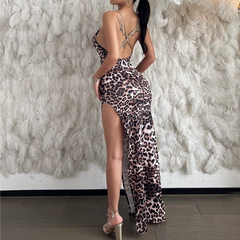 Sexy Metal Chain Shoulder Strap Leopard Print Bodycon Maxi Dress Women High Side Slit Backless Dress Elegant Club Party