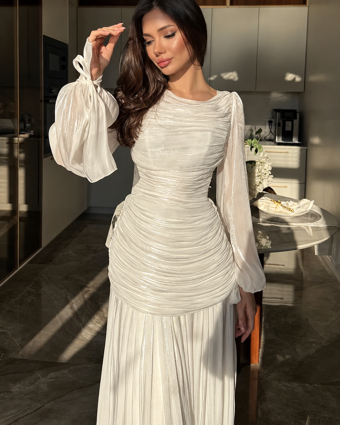 2026 New Arrival Solid Color Long-Sleeve Dress for Women, High Neck Pleated Long Dress