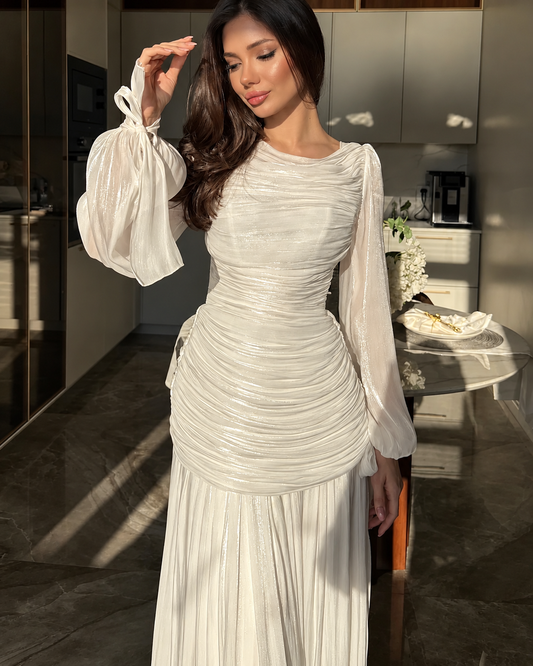 2026 New Arrival Solid Color Long-Sleeve Dress for Women, High Neck Pleated Long Dress