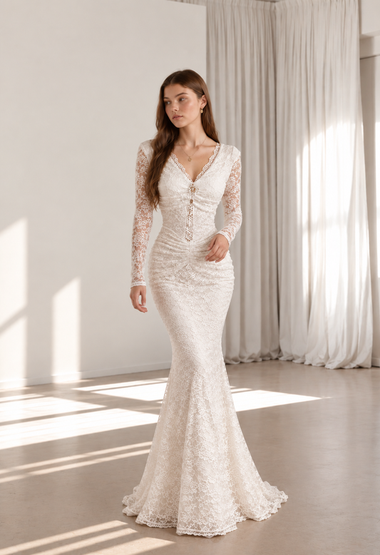 Elegant Women's Lace  Dress High Quality Long Sleeve V Neck Ruched Slim Fit Exquisite Cut-out Design Casual Dresses