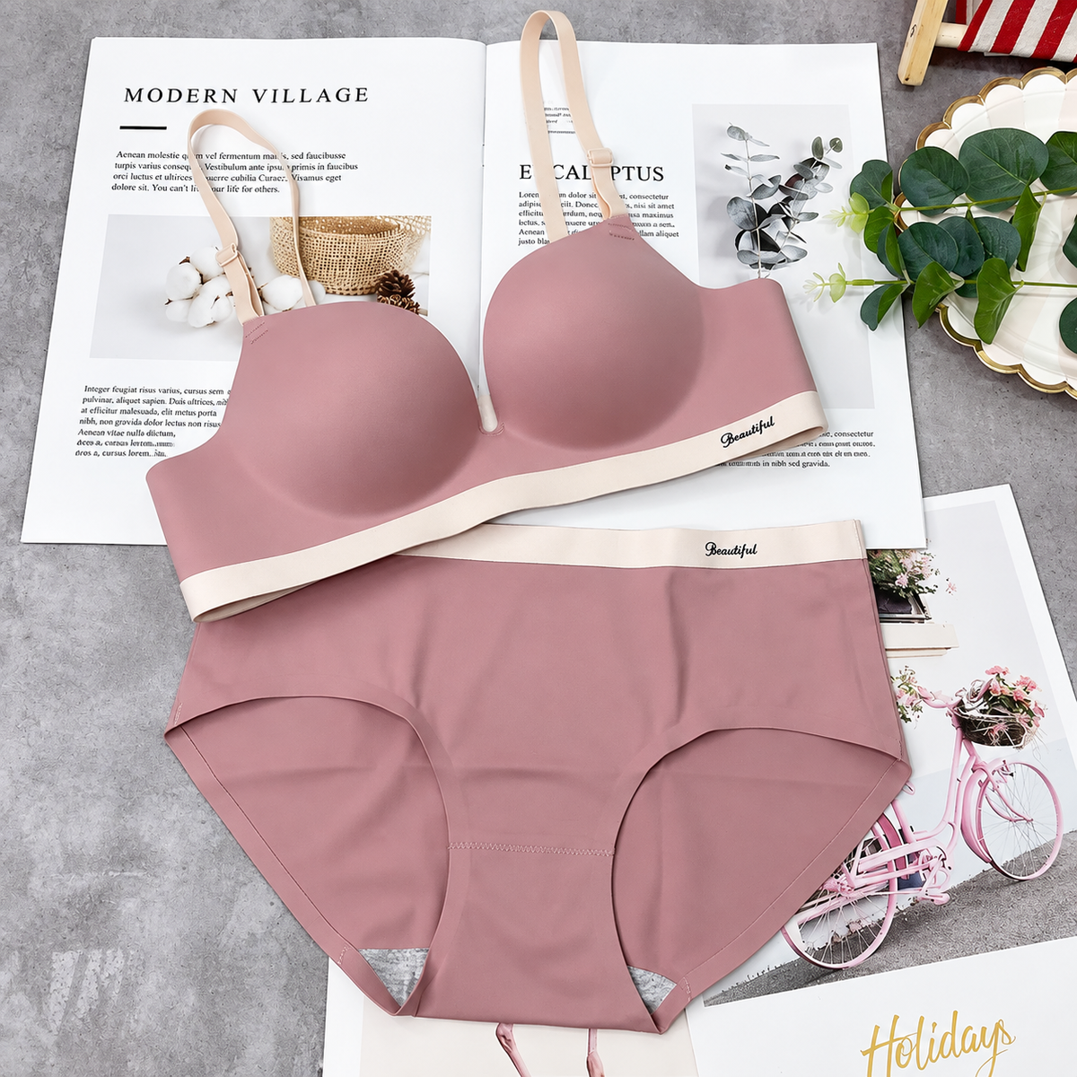 Women’s Seamless Wireless Bra and Panty Set Smooth Molded Cup Adjustable Straps Wide Contrast Underband Matching Mid Rise Brief Lingerie Set
