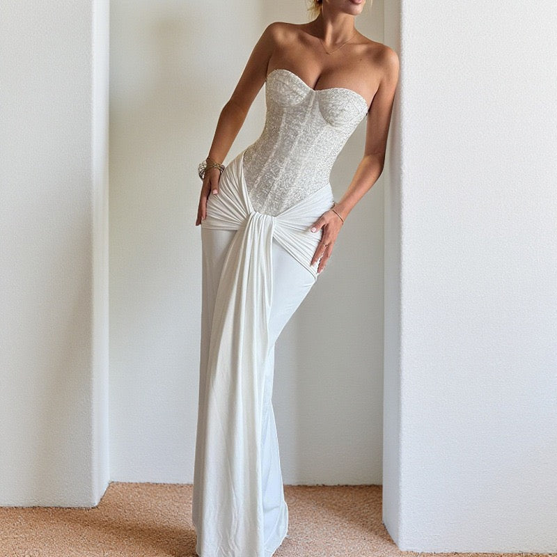 Women's Dress Fashion Backless Solid Slim Long Elegant Evening Dress Summer Ribbon Sequin Nightclub Sexy Cocktail Party Dresses