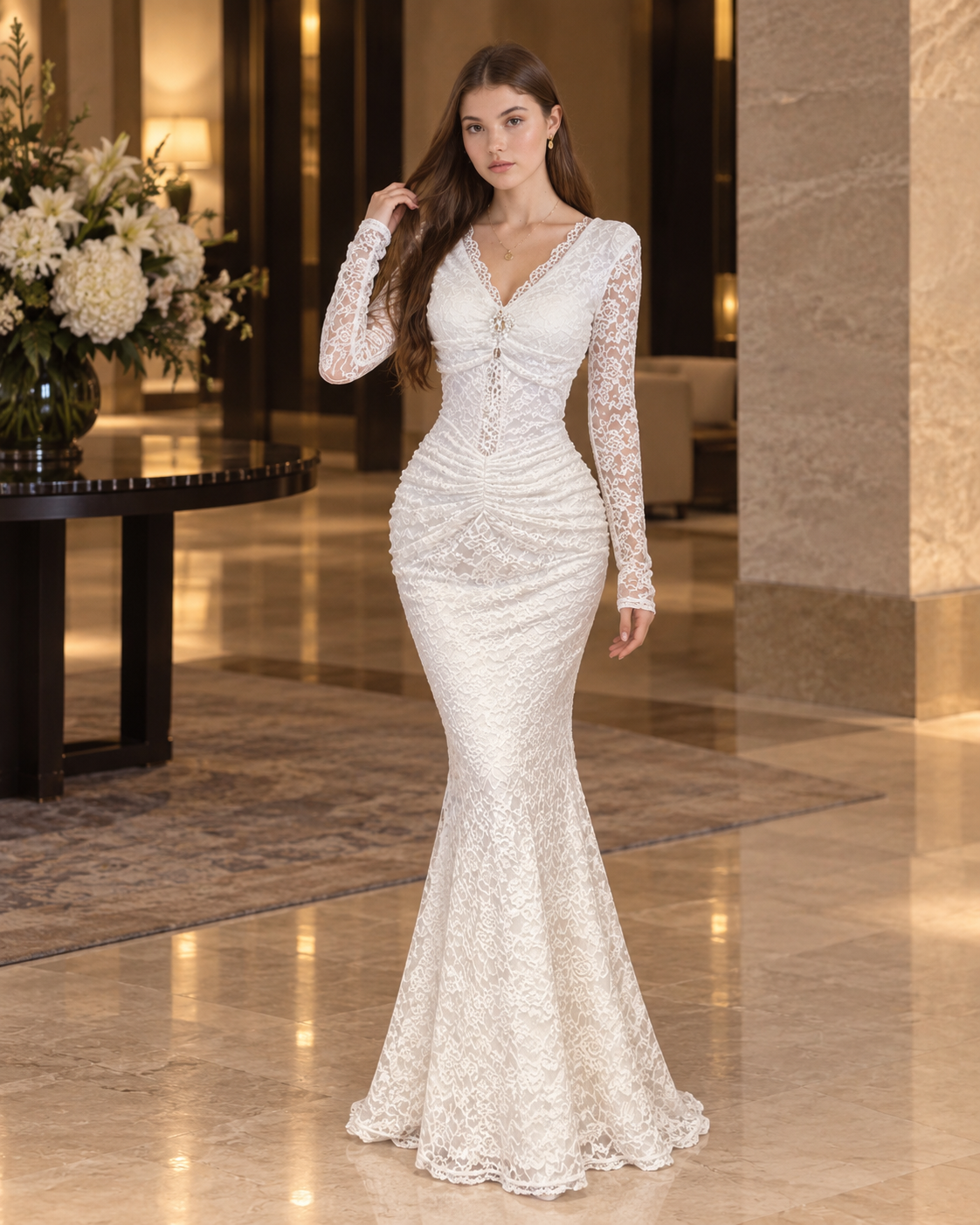 Elegant Women's Lace  Dress High Quality Long Sleeve V Neck Ruched Slim Fit Exquisite Cut-out Design Casual Dresses