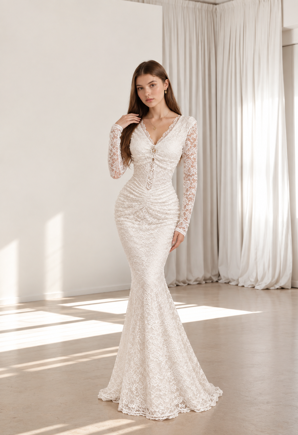 Elegante abito da donna in pizzo di alta qualità, maniche lunghe, scollo a V, arricciato, vestibilità slim, squisito design cut-out, abiti casual