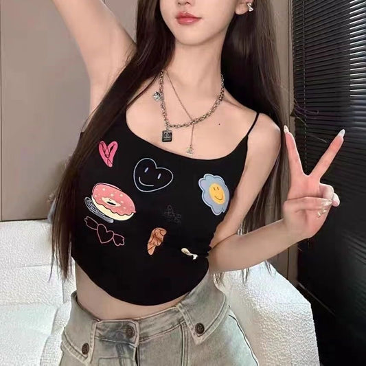 Women 2024 Cartoon Print Camisole Summer Clothes Spaghetti Strap Streetwear Party Sexy Black Crop Top