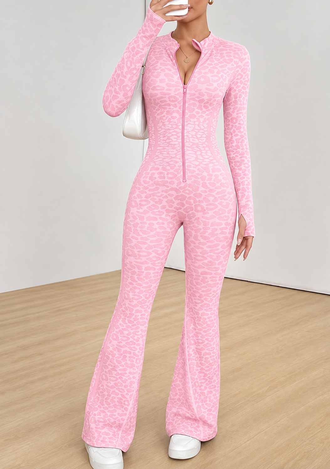 Women Seamless Jumpsuits Long Sleeve One Piece Yoga Overalls Backless Leopard Fitness Gym Bodysuits Flare Pants Sports Tracksuit
