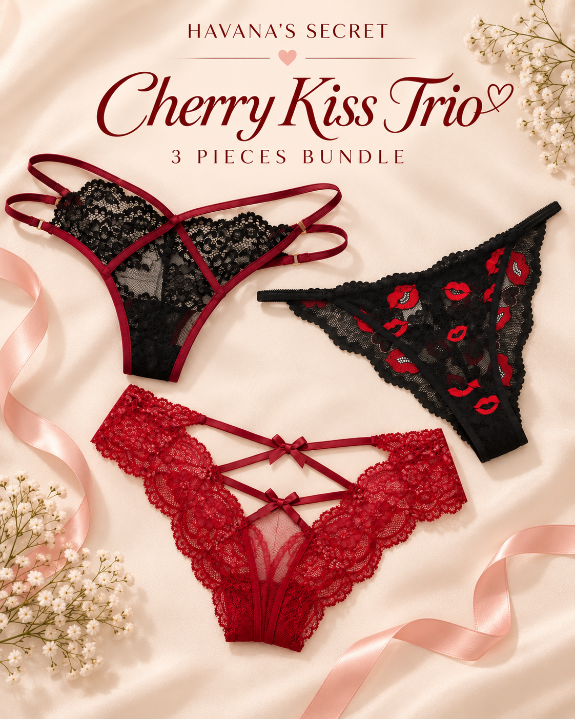 Cherry Kiss Trio – 3-Piece Red & Black Lace Panty Bundle