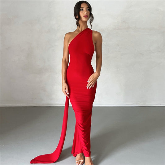 New Fashion Elegant Maxi Dress for Women Sexy One Shoulder Slim Pleated Solid Backless Dresses