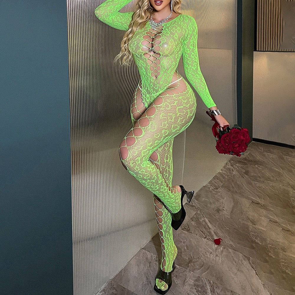 Luxury Open Back Fishnet Bodysuit – Long Sleeve One Size