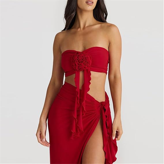 Women's Elegant Two Pieces Dresse Suits Flower  Top and High Slit Long Skirts Matching Sets Red  Vacation Outfit 2025 Lovely Gift