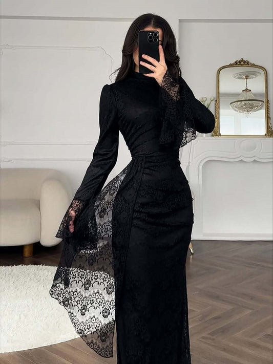 Women Lace Fitted Dresses Solid Evening Dress H Line Ankle Lenth Bell Sleeve Waist Cinch Slim Fit Party Sexy Elegant