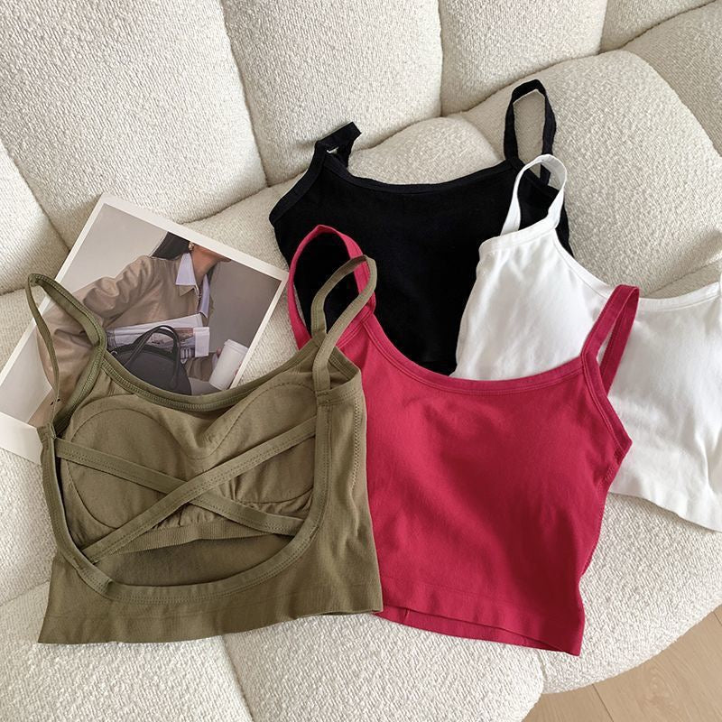 Spaghetti Strap Camis Summer Solid Sleeveless Hollow Out Cross Belt Tank Tops Sports In Bras Women Streetwear