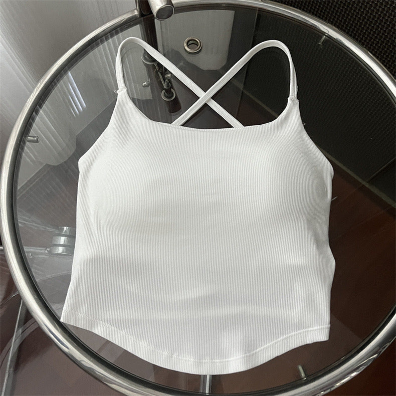 Sleeveless Threaded Halter Vest New Polyamide Backless Cross Backless Vest Solid Color Sexy Tank Top Women