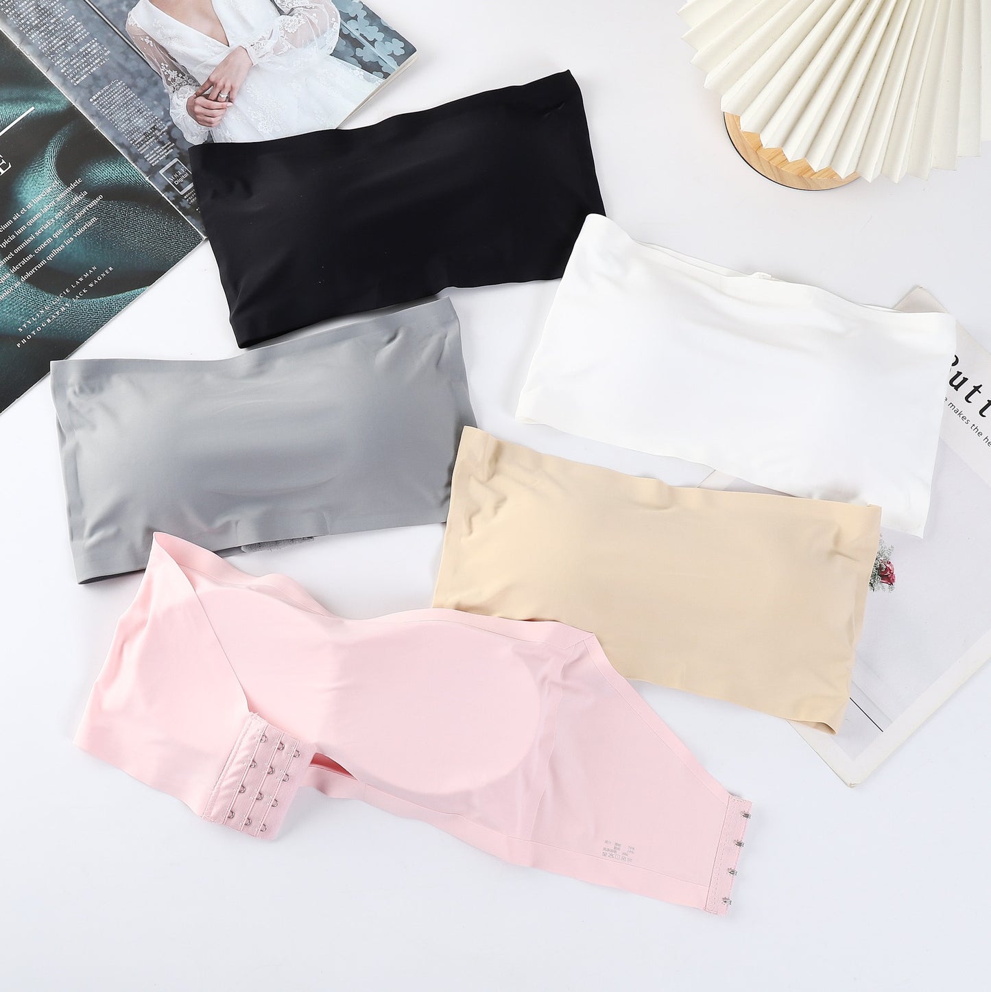 Sexy Ice Silk Seamless Shoulder Warp Gathered Non-slip Beauty Strap Chest Pad Vest Women's Small Breast Tube Top Underwear