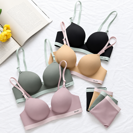 Women’s Seamless Wireless Bra and Panty Set Smooth Molded Cup Adjustable Straps Wide Contrast Underband Matching Mid Rise Brief Lingerie Set