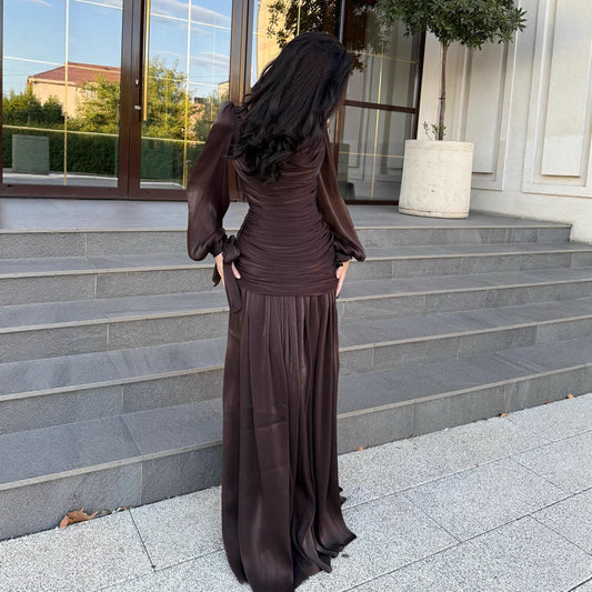 2026 New Arrival Solid Color Long-Sleeve Dress for Women, High Neck Pleated Long Dress