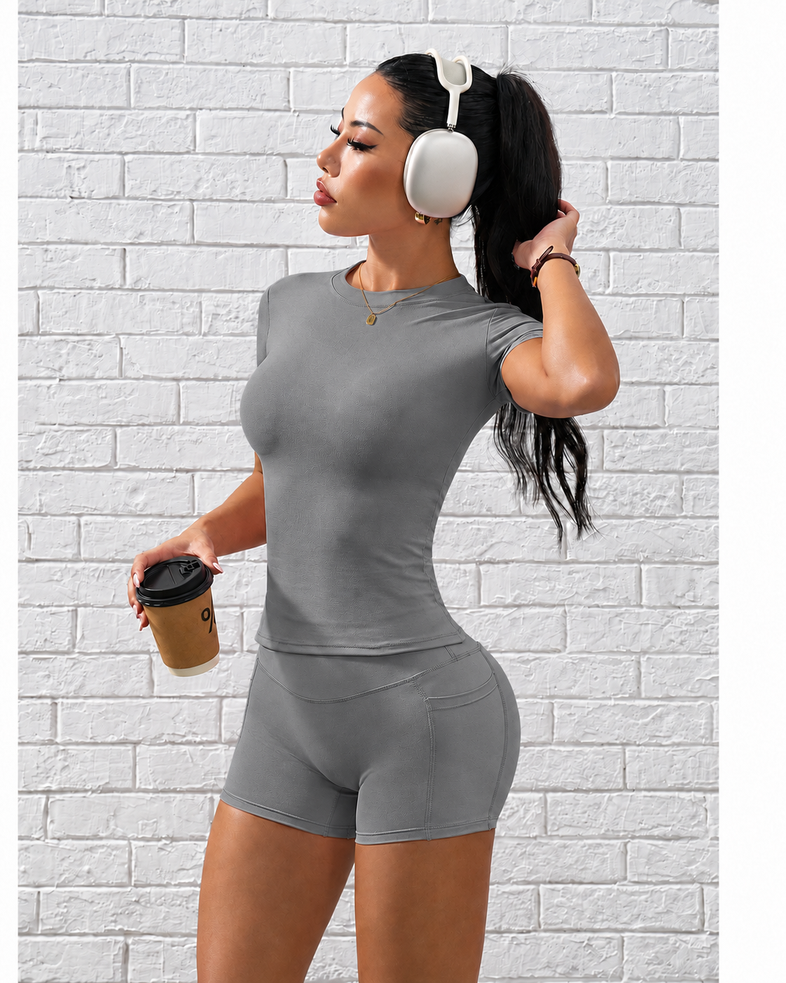 Summer Activewear Set Quick Dry Fabric Tummy Control Yoga Shorts Matching Solid Short Sleeve Workout Top Waist Detail for Ladies