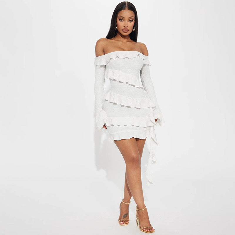 Sexy Fashion Lace Pleat Off-the-shoulder Mini Dress