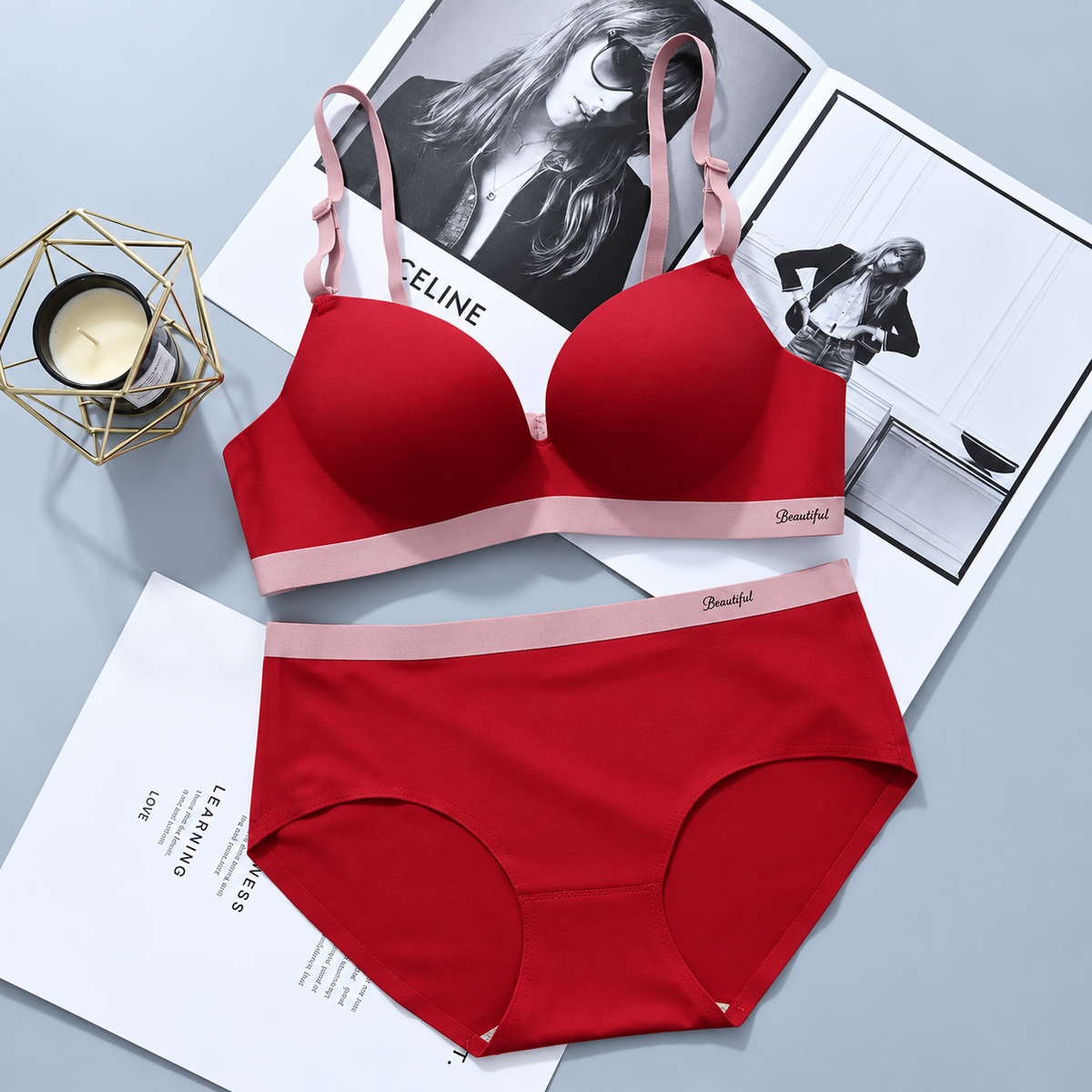 Women’s Seamless Wireless Bra and Panty Set Smooth Molded Cup Adjustable Straps Wide Contrast Underband Matching Mid Rise Brief Lingerie Set