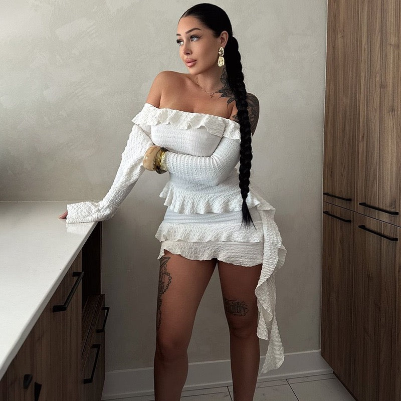 Sexy Fashion Lace Pleat Off-the-shoulder Mini Dress