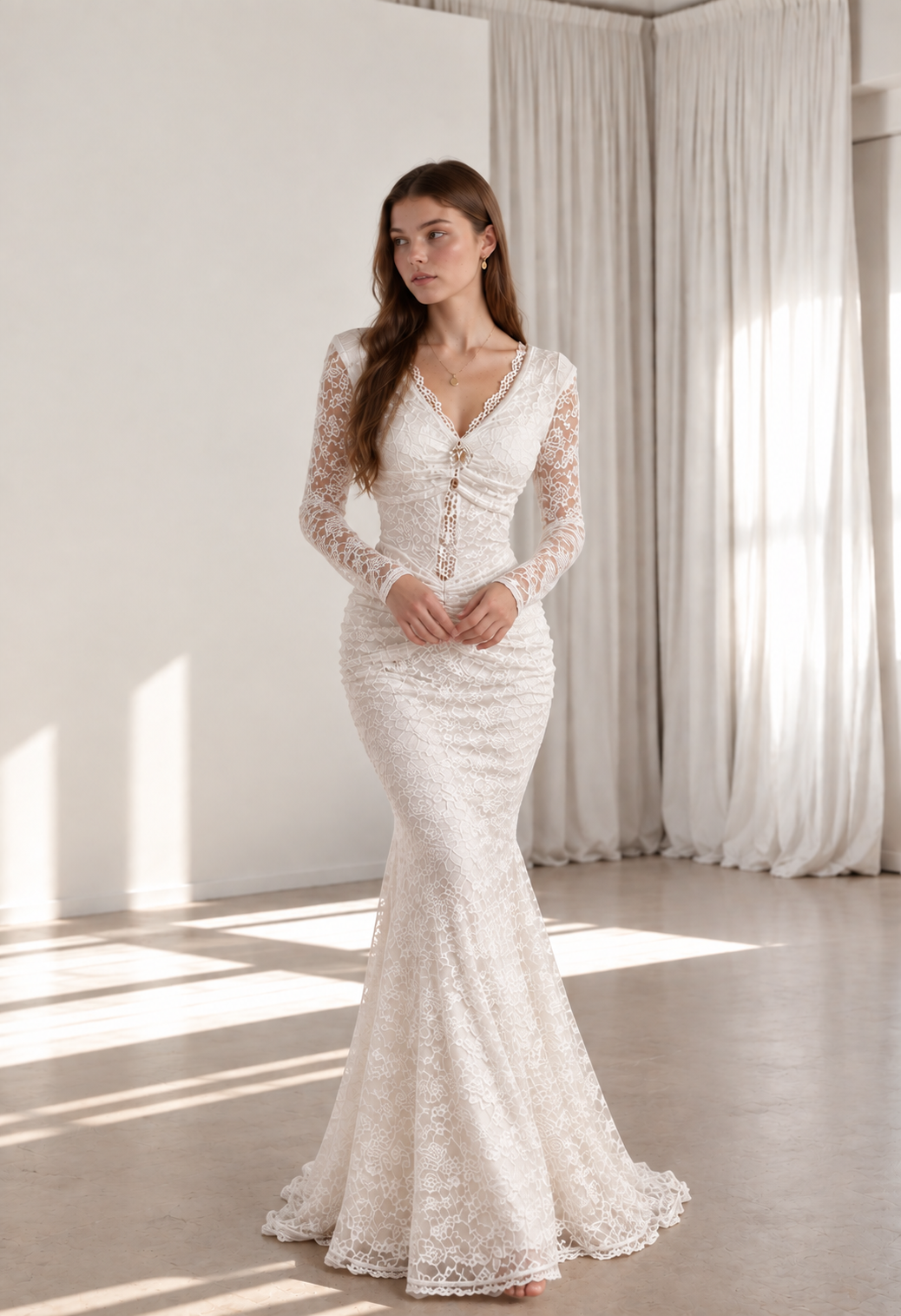 Elegante abito da donna in pizzo di alta qualità, maniche lunghe, scollo a V, arricciato, vestibilità slim, squisito design cut-out, abiti casual