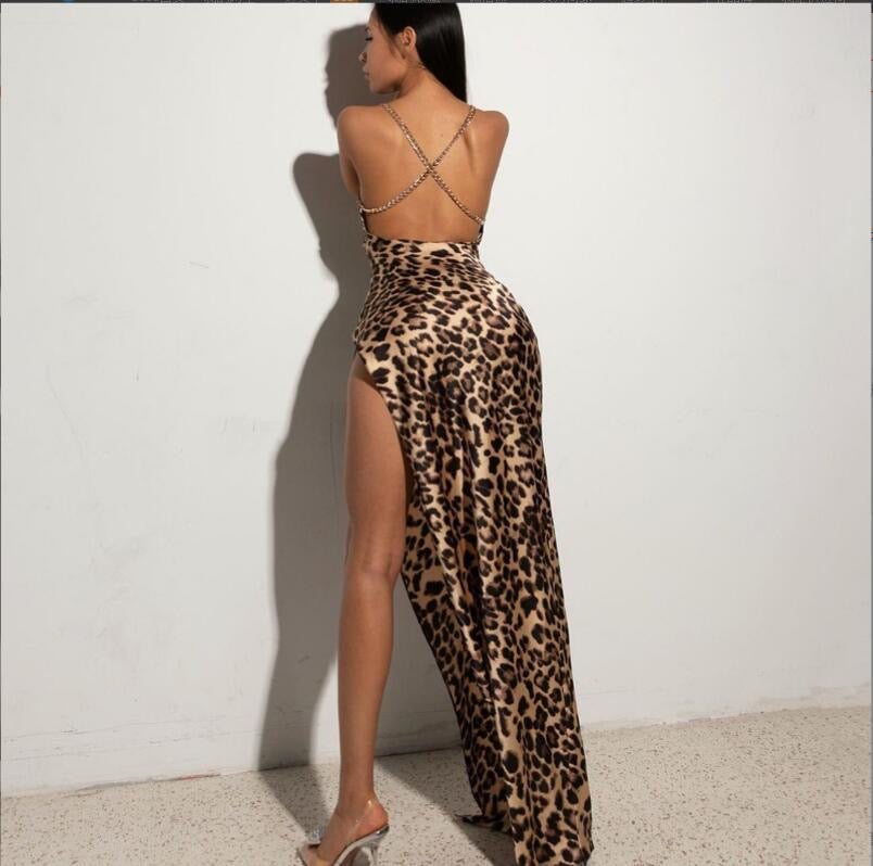 Sexy Metal Chain Shoulder Strap Leopard Print Bodycon Maxi Dress Women High Side Slit Backless Dress Elegant Club Party