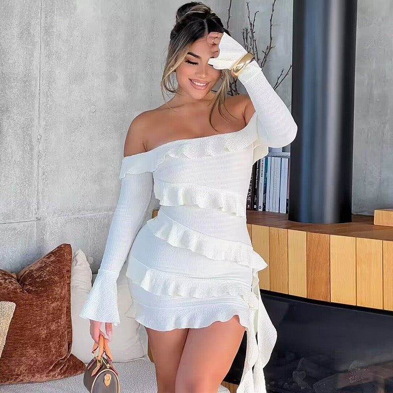 Sexy Fashion Lace Pleat Off-the-shoulder Mini Dress