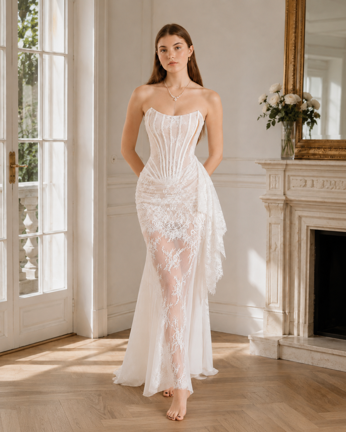 Lace Strapless Evening Dress Woman Sexy See Through Fishbones Maxi Dress Elegant Slim Female Fashion Party Dress
