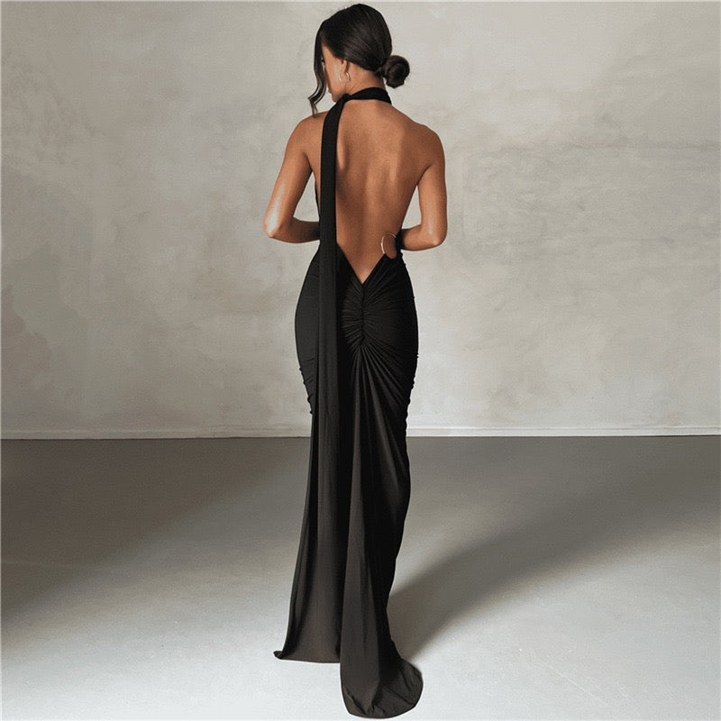 New Fashion Elegant Maxi Dress for Women Sexy One Shoulder Slim Pleated Solid Backless Dresses