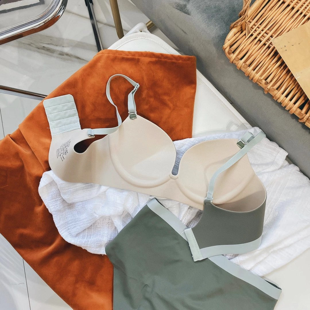 Women’s Seamless Wireless Bra and Panty Set Smooth Molded Cup Adjustable Straps Wide Contrast Underband Matching Mid Rise Brief Lingerie Set