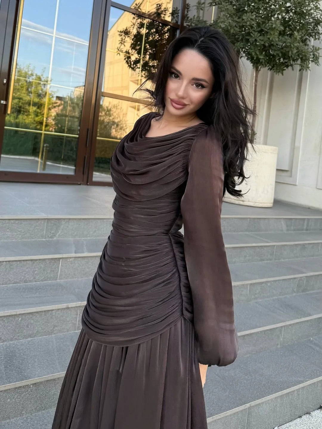 2026 New Arrival Solid Color Long-Sleeve Dress for Women, High Neck Pleated Long Dress