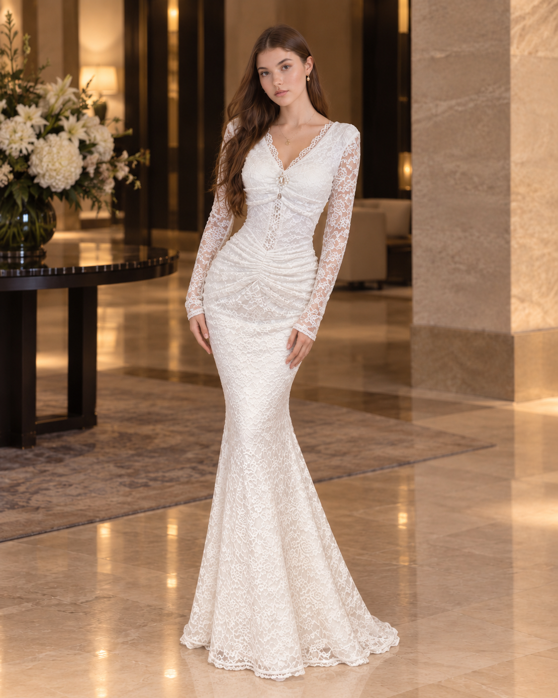 Elegant Women's Lace  Dress High Quality Long Sleeve V Neck Ruched Slim Fit Exquisite Cut-out Design Casual Dresses
