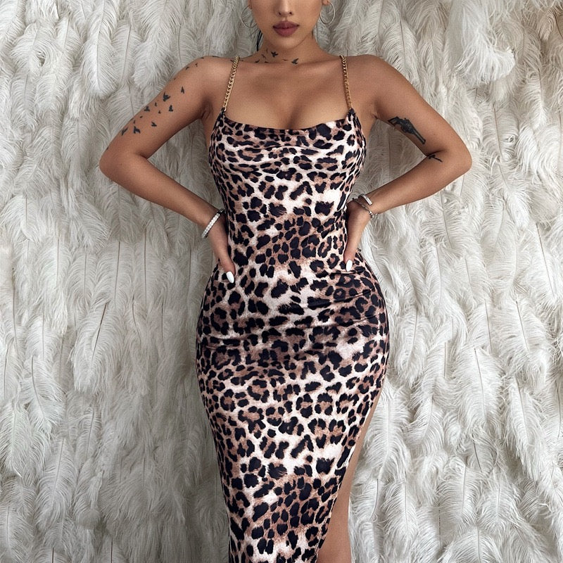 Sexy Metal Chain Shoulder Strap Leopard Print Bodycon Maxi Dress Women High Side Slit Backless Dress Elegant Club Party