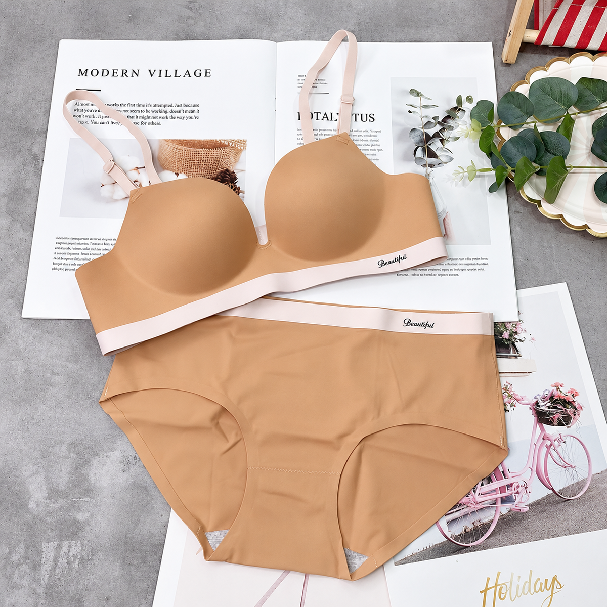 Women’s Seamless Wireless Bra and Panty Set Smooth Molded Cup Adjustable Straps Wide Contrast Underband Matching Mid Rise Brief Lingerie Set