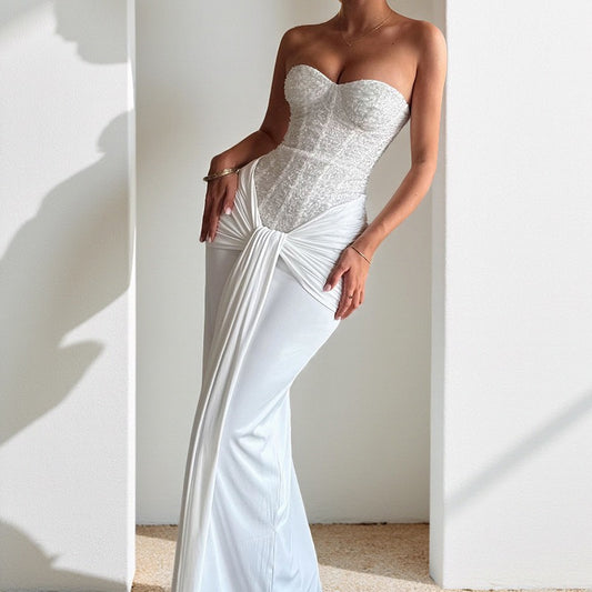 Women's Dress Fashion Backless Solid Slim Long Elegant Evening Dress Summer Ribbon Sequin Nightclub Sexy Cocktail Party Dresses