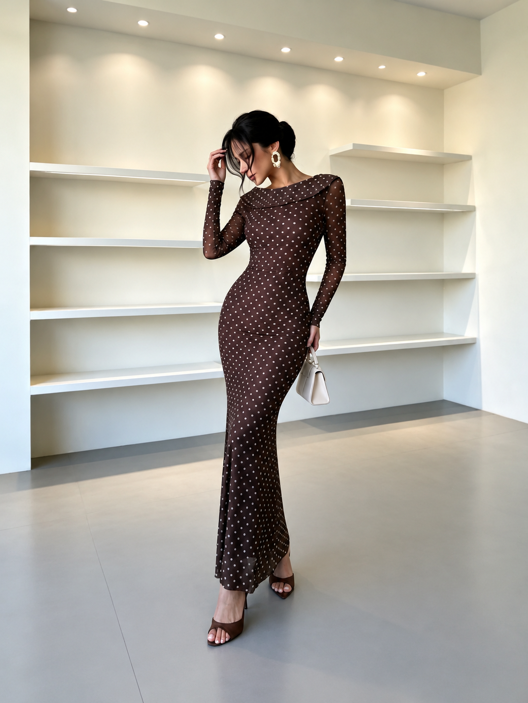 Women’s Elegant Polka Dot Maxi Dress Sheer Long Sleeves Draped Boat Neck Fitted Waist Slim Fit Floor Length Evening Party Dress