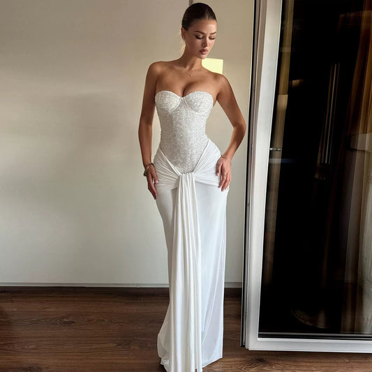 Women's Dress Fashion Backless Solid Slim Long Elegant Evening Dress Summer Ribbon Sequin Nightclub Sexy Cocktail Party Dresses