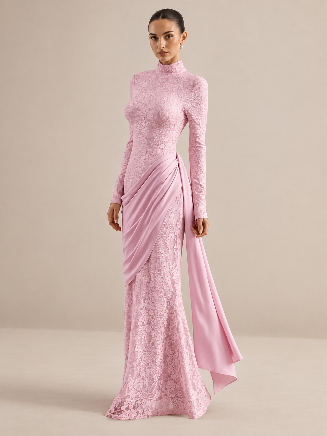 High Neck Long Sleeve Lace Splice Satin Tight Bodycon Maxi Long Casual Dress With Long Ribbon Fall 2026 Trendy Women Clothes