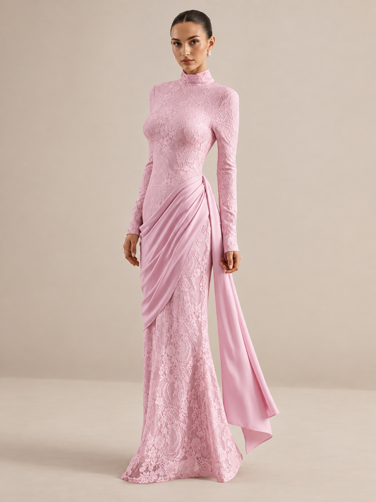 High Neck Long Sleeve Lace Splice Satin Tight Bodycon Maxi Long Casual Dress With Long Ribbon Fall 2026 Trendy Women Clothes