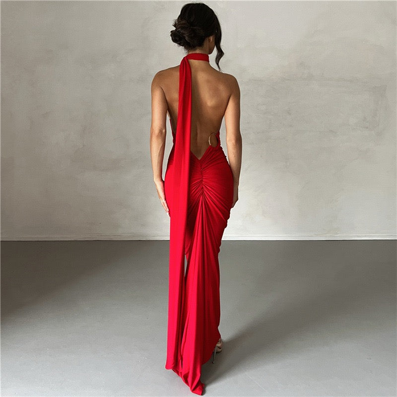 New Fashion Elegant Maxi Dress for Women Sexy One Shoulder Slim Pleated Solid Backless Dresses