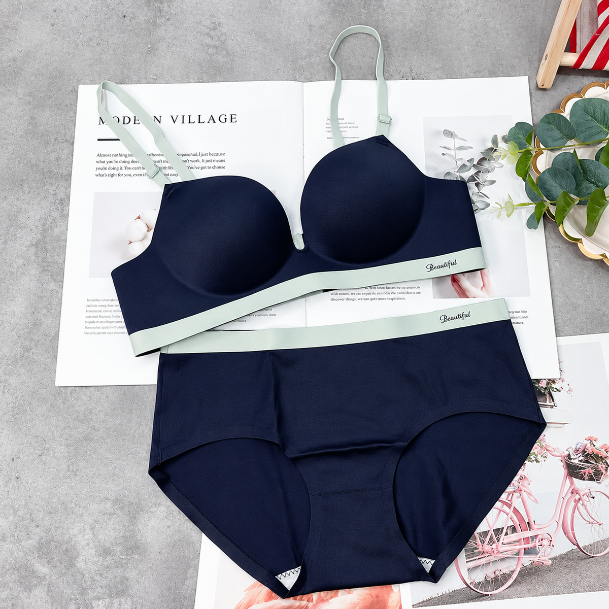 Women’s Seamless Wireless Bra and Panty Set Smooth Molded Cup Adjustable Straps Wide Contrast Underband Matching Mid Rise Brief Lingerie Set