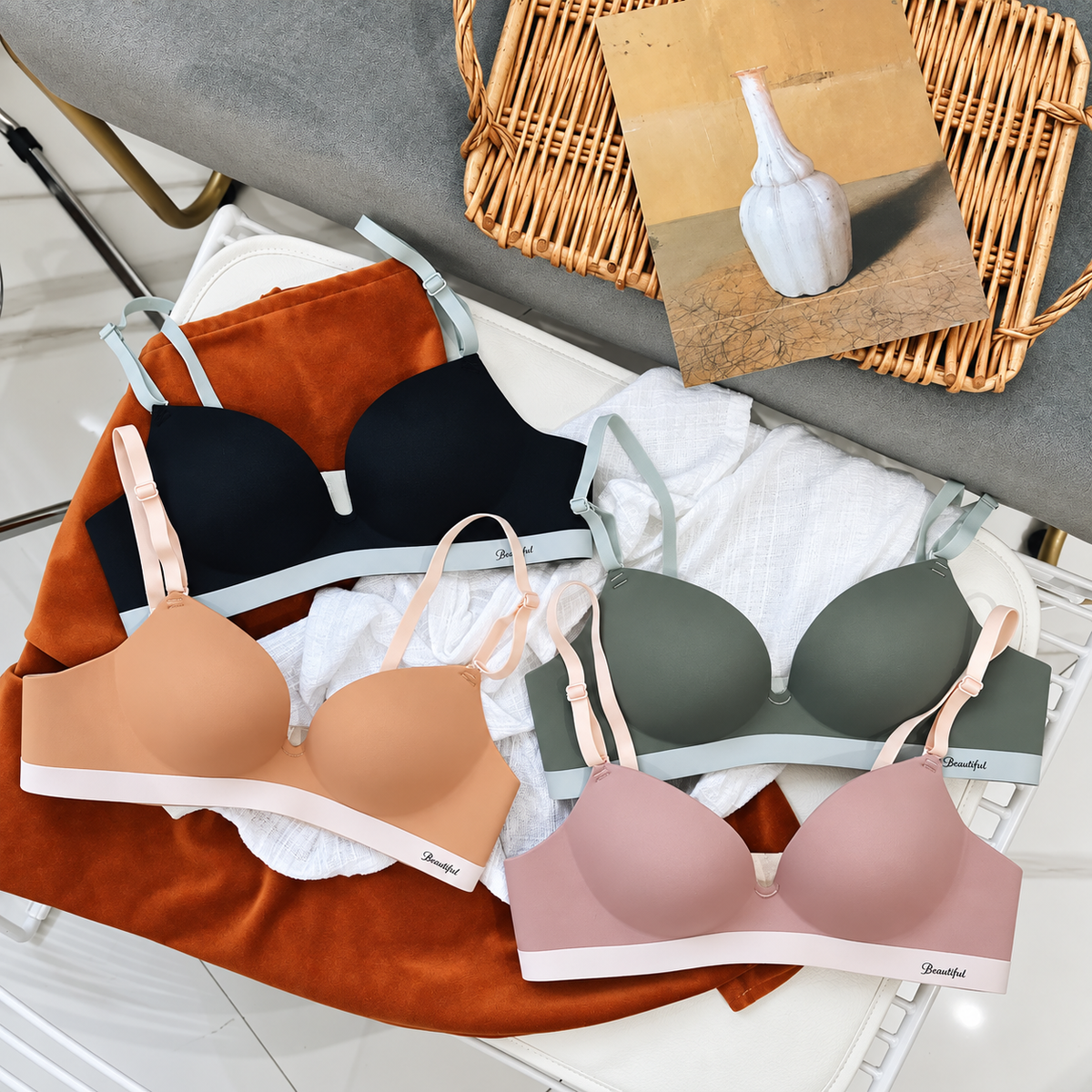 Women’s Seamless Wireless Bra and Panty Set Smooth Molded Cup Adjustable Straps Wide Contrast Underband Matching Mid Rise Brief Lingerie Set