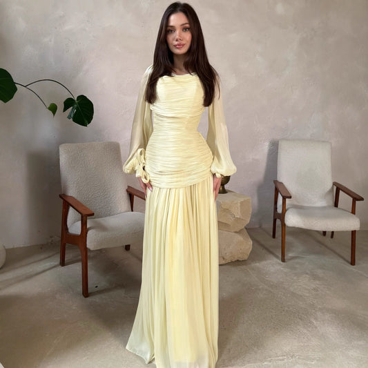 2026 New Arrival Solid Color Long-Sleeve Dress for Women, High Neck Pleated Long Dress