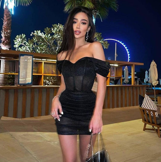 Sexy See Through Glitters Bodycon Dress Night Clubwear Women Off-Shoulder High Waist Wrapped Corset Dresses