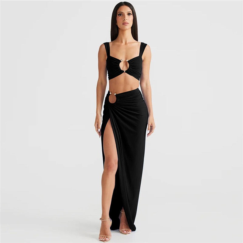 Sisterlinda Beach Style 2 Piece Set Women Summer Sexy Metal Decoration Ruched Tank Tops+Split Long Skirt Female Holiday Clubwear